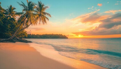 Beautiful sunset on the tropical beach with palm trees. Vibrant colorful sky.