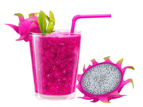 Vibrant Pink Dragon Fruit Beverage with Green Garnish and Slice on a White Background