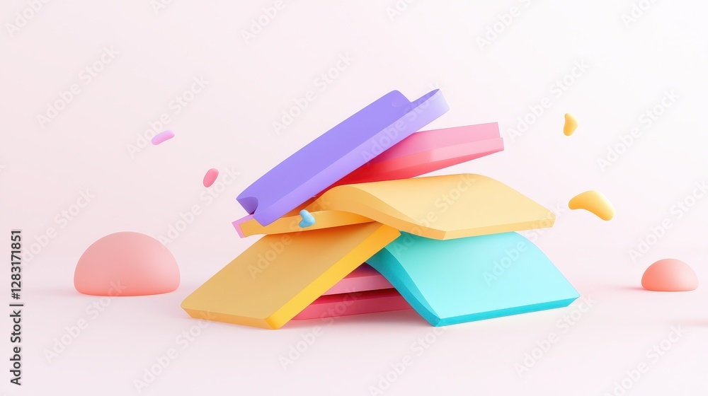 Poster vibrant stack of colorful sticky notes arrangement in playful composition with soft shapes and gentl