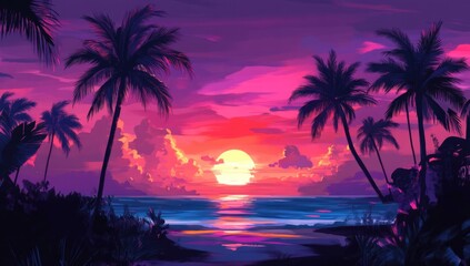 Beautiful sunset on the tropical beach with palm trees. Vibrant colorful sky.