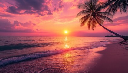 Beautiful sunset on the tropical beach with palm trees. Vibrant colorful sky.