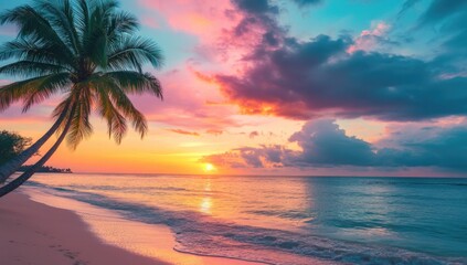 Beautiful sunset on the tropical beach with palm trees. Vibrant colorful sky.