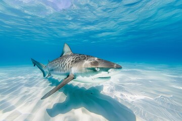 Fototapeta premium Tiger Shark Up Close Full Body Shot. Stripes showing in clear blue water with white sandy bottom. Photo taken in The Bahamas.