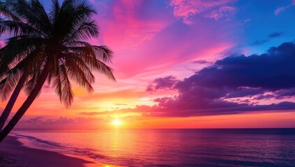 Beautiful sunset on the tropical beach with palm trees. Vibrant colorful sky.