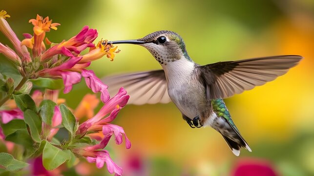 Vibrant hummingbird hovering near colorful flowers in a lush garden, showcasing nature's beauty