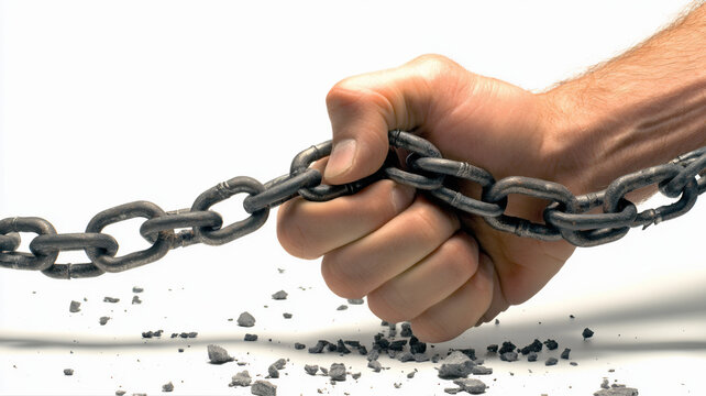 Breakthrough from spiritual chain boundage with power of prayer. Concept of freedom through prayer, christianity and accept Jesus Christ as lord and savior. Broken shackles, unchained on white