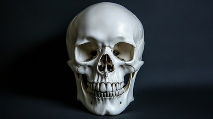 Fototapeta premium White Human Skull Model on Dark Background, Anatomy Study, Medical Illustration. Human Skull, Anatomy