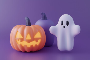 Spooky Halloween Trio: A whimsical Halloween still life features a smiling jack-o'-lantern, a purple pumpkin, and a friendly ghost, all set against a vibrant background.