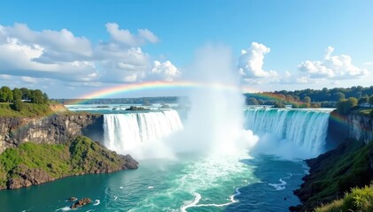 Fototapeta premium a breathtaking rainbow arcing across the upper part of the falls, rainbow, clouds, clear blue sky