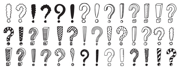 Doodle exclamation mark and question marks set. Hand drawn drawing punctuation symbols, creative ink stroke question exclamation mark icon set.