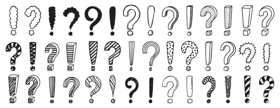 Doodle exclamation mark and question marks set. Hand drawn drawing punctuation symbols, creative ink stroke question exclamation mark icon set.