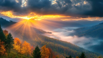 Fototapeta premium Beautiful mountain landscape with a dramatic sky at sunrise or sunset