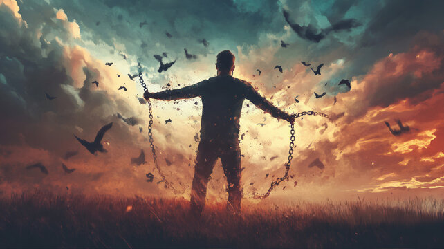Breakthrough from spiritual chain boundage with power of prayer. Concept of freedom through prayer, christianity and accept Jesus Christ as lord and savior. Broken shackles, unchained silhouette 