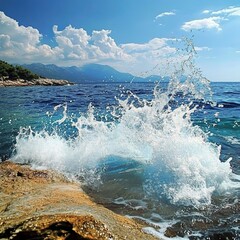 Obraz premium Banner Turquoise ocean sea water white wave pattern splashing deep blue sea. Banner Tropical sea beach Seascape dark background wave splash on rock. Summer Ocean Surface big wave with copy space