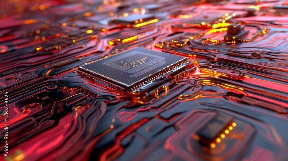 Poster close up of a glowing red and orange circuit board with central processing unit