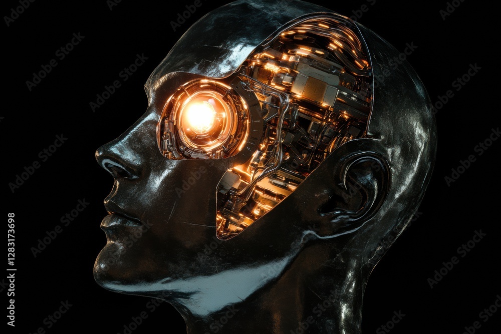 Leinwandbilder side profile view of a futuristic human head showcasing mechanical structures and a glowing robotic 