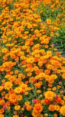 A lush carpet of mixed orange and yellow wildflowers in a garden bed, garden, petals