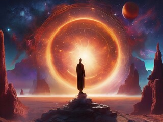 Mystical Cosmic Portal with Lone Figure in an Alien Landscape