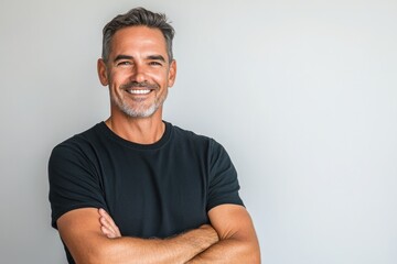 Smiling middle aged man with his arms crossed, wearing a black t shirt on white background.