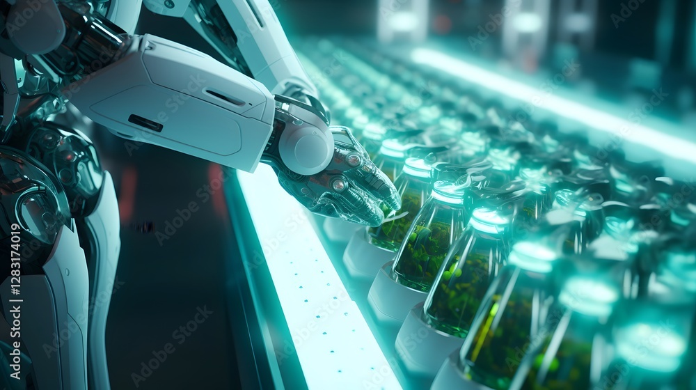 Poster advanced robotic arm precisely manipulating and synthesizing new pharmaceutical compounds in a state