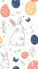 Charming illustration of a cute bunny with colorful eggs and whimsical elements for Easter celebrations.