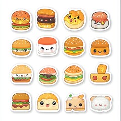 Collection of Adorable Cartoon Burger Illustrations with Bright Colors on White Background