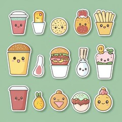 Collection of Cute Cartoon Food Stickers on Pastel Green Background