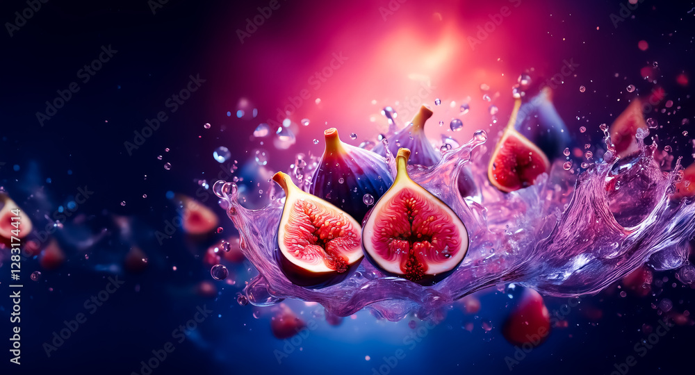 Aufkleber figs in vibrant colors appear to float amidst a splash of liquid, set against a dynamic backdrop of 