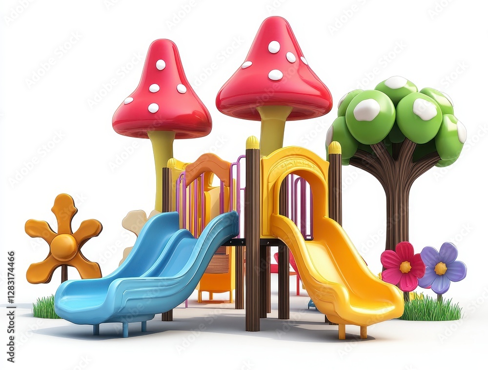 Poster colorful children's playground with mushroom structures and slides