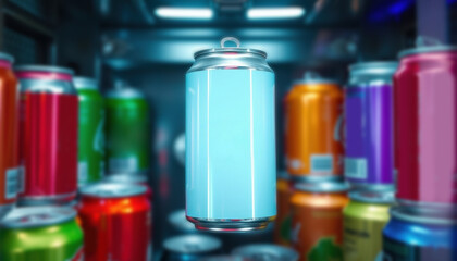 Beverage can - mockup for text or logo, inside a vending machine. Other colorful can surround it. Bright, slightly harsh fluorescent lighting, clear plastic window, realistic metal texture