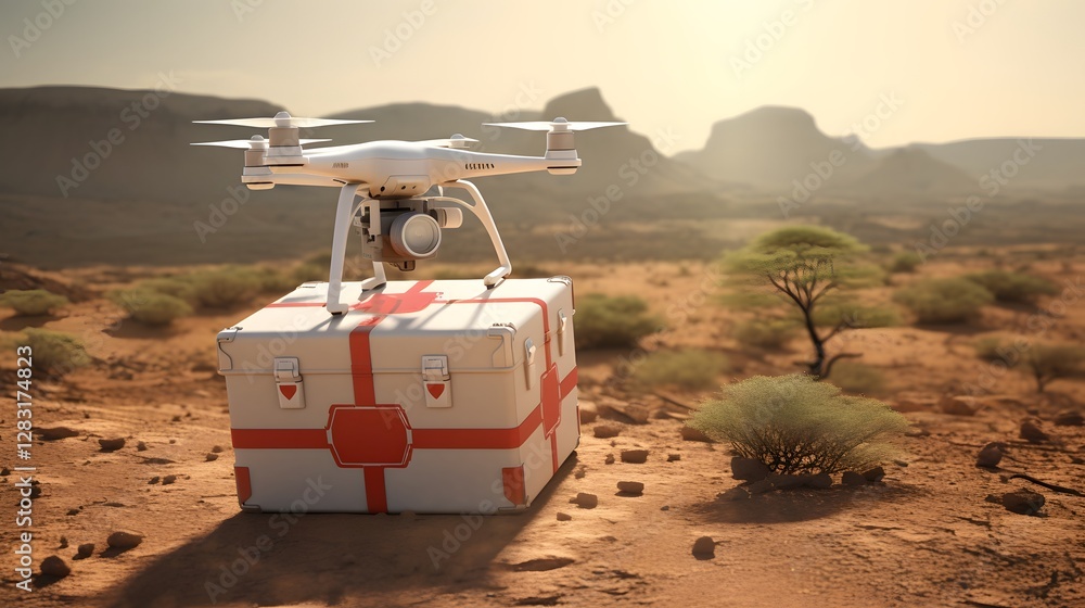Poster an ai controlled drone efficiently transporting critical medical equipment and resources to isolated