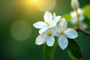 Obraz premium Delicate white jasmine blossoms gently sway in the evening breeze, bloom, white