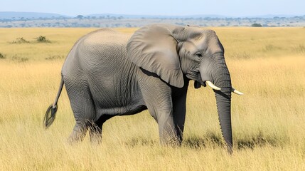 Obraz premium Majestic elephant walking through golden grasslands under a clear blue sky in the savannah