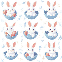 Cute rabbits in eggs, perfect for spring and Easter themes, showcasing joyful and playful expressions.
