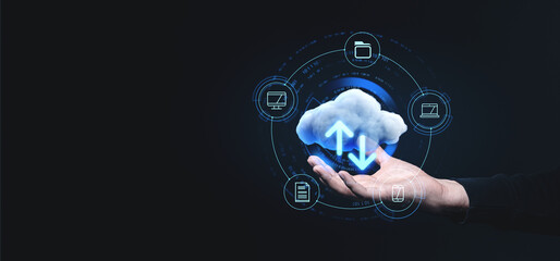 Cloud storage and data transfer concept with glowing arrows.