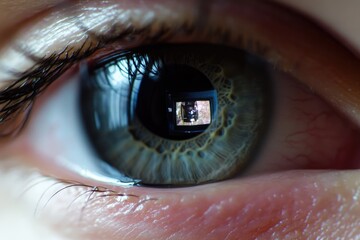 Naklejka premium Close-up of an eye with a reflective surface, suitable for use in beauty or medical contexts