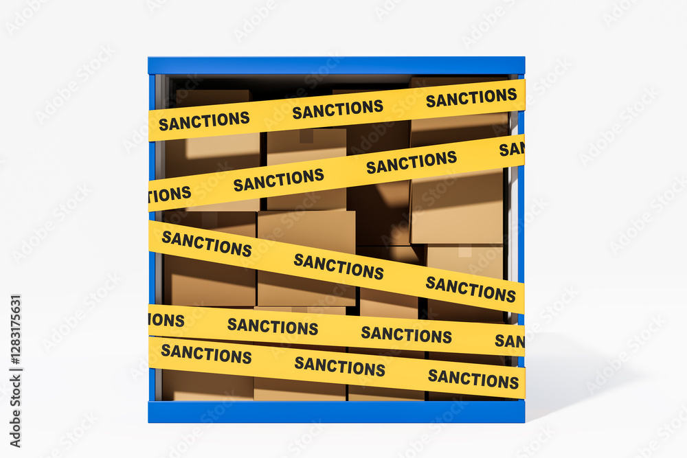 Poster shipping container with sealed cardboard boxes wrapped in yellow sanction tape. 3d rendering