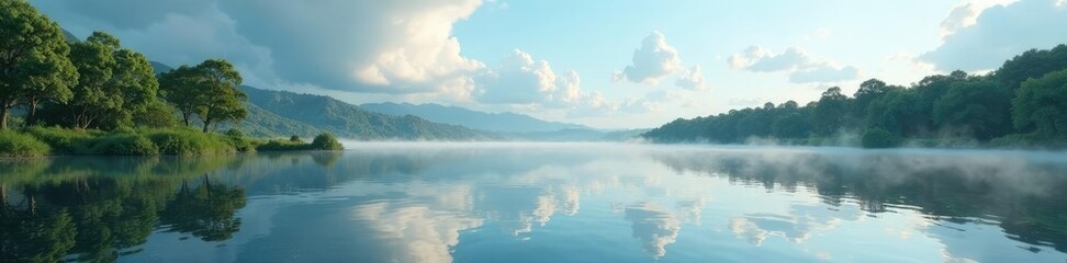 Obraz premium Delicate wisps of clouds dance upon the pond's surface,, clouds