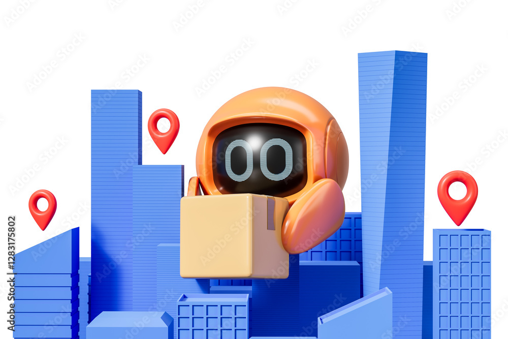 Poster cute delivery robot carrying package in futuristic cityscape with location pins. 3d rendering