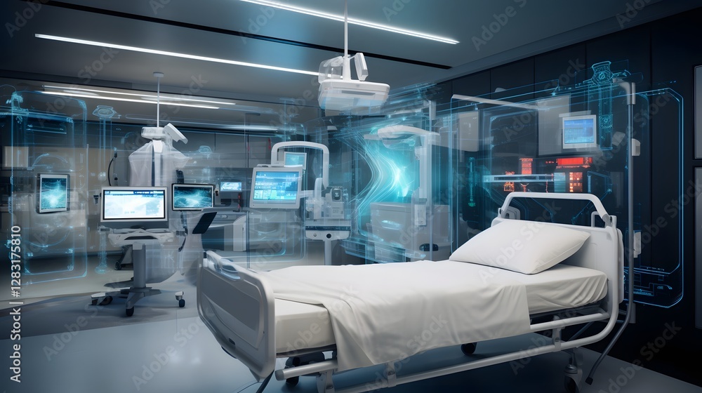 Poster advanced hospital ward featuring ai powered patient monitoring systems and automated emergency alert