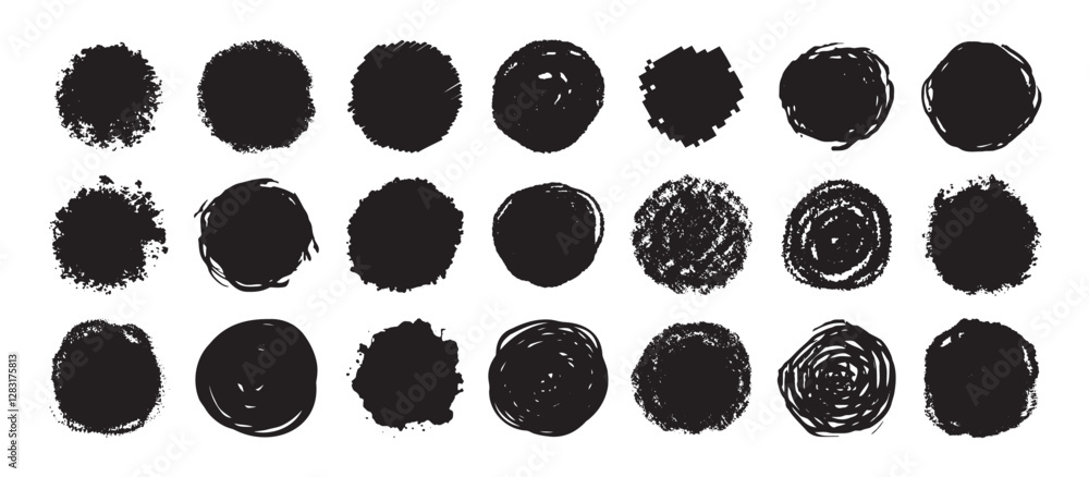 Poster round grunge scratch and textured ink brush strokes set. isolated vector black collection. dirty exp