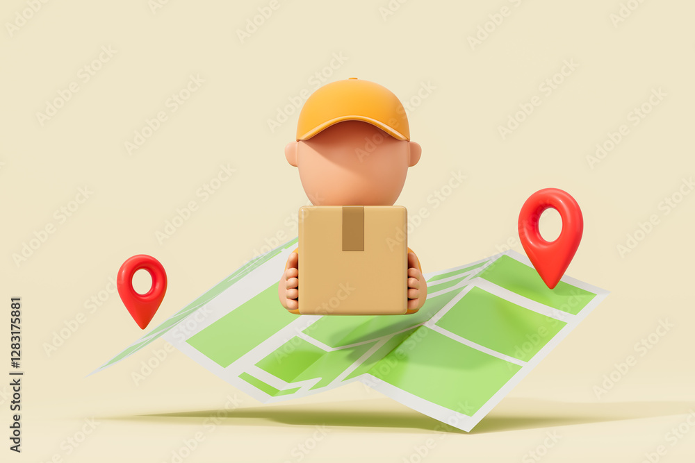 Poster delivery tracking concept with courier holding package and map with location pins. 3d rendering