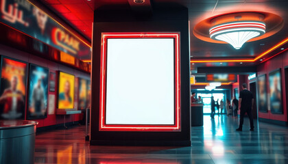 Movie theater poster - mockup for text or logo, in the lobby, bright neon and vibrant colors of other posters surrounding it, people in the background