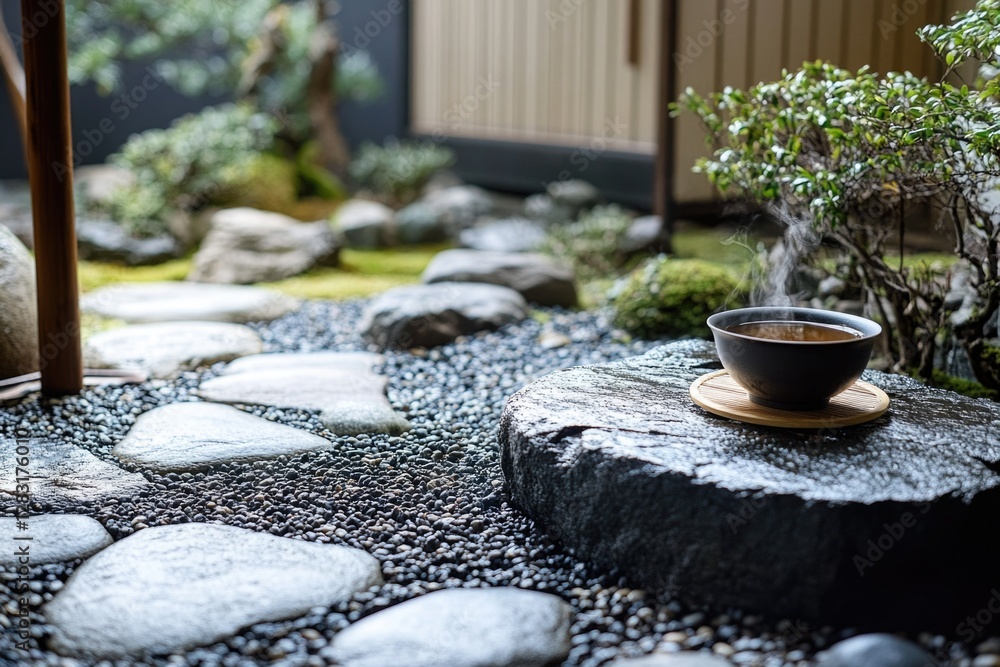 Poster a serene scene with a bowl of tea sitting on a rock in a garden, perfect for use as a background or 