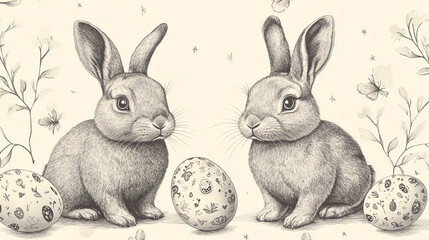 Two cute rabbits next to decorated eggs, surrounded by flowers and soft textures, perfect for Easter or spring themes.