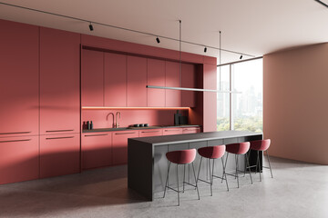 Modern kitchen interior with red cabinetry and dark island. 3D Rendering