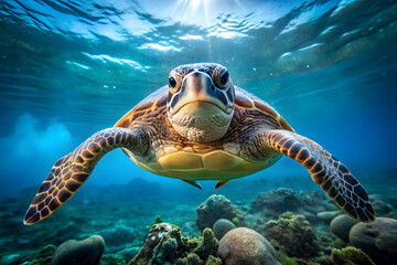 Fototapeta premium sea turtle swimming in the sea under water backdrop