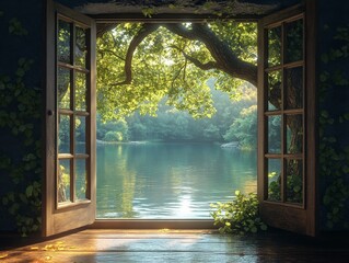 Open Window to Lakeside Serenity: A Tranquil Escape into Nature's Embrace, Where Sunlight Dances on Water and Greenery Flourishes, Inviting Peace and Renewal