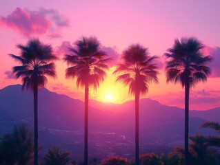 Pink Sunset Serenade: Palm Trees Silhouetted Against a Vibrant Twilight Sky and Distant Mountains, Reflecting the Magic of a Tranquil Tropical Evening.