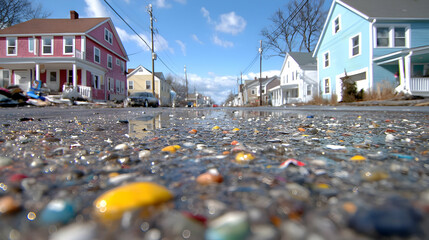 Street after storm, residential area, debris, puddles, recovery